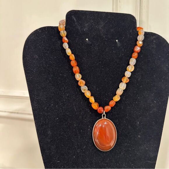Vintage carnelian Sterling silver Orange red Beaded vintage carnelian necklace - Picture 10 of 12
